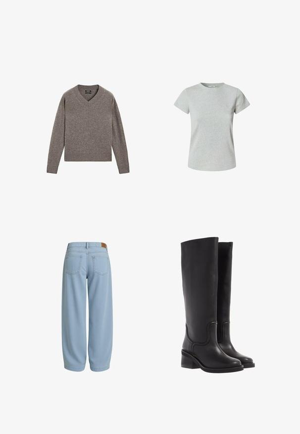 Grauer gestrickter V-Ausschnitt Pullover mit langen Ärmeln, gerippten Bündchen und Saum, flach auf einem weißen Hintergrund präsentiert.; Graues Baumwoll-T-Shirt mit kurzen Ärmeln und rundem Ausschnitt. Glatte Textur, klassischer Schnitt und keine sichtbaren Muster oder Verzierungen.; Hellblaue Denim-Hosen mit entspannter Passform, zwei Gesäßtaschen, einem Bund mit einem braunen Lederpatch und schmal zulaufenden Knö cheln.; Schwarze Lederstiefel bis zum Knie mit glatter Textur, abgerundeter Spitze und klobigem Absatz. Mit dezenten Nähten und einem schlanken Design.