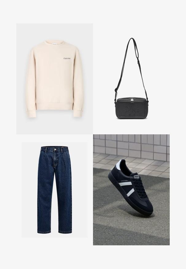 Beige sweatshirt featuring a round neckline, long sleeves, ribbed cuffs, and "Club1990" embroidered on the front in a dark color.; Dark blue denim jeans with a straight-leg design. Features visible stitching, a button closure, and front pleats for added detail.; Black leather sneaker with white stripes, textured rubber sole, and lace-up front. Features a branded label on the tongue.; Black leather crossbody bag with a zip closure, embossed logo on the front, and adjustable strap. Smooth texture with a rectangular shape.