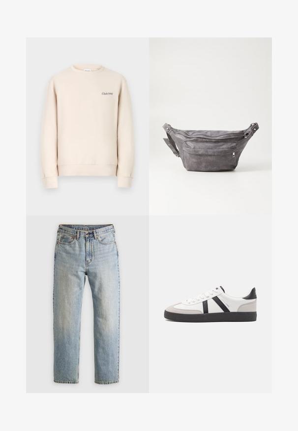 Felpa beige con collo rotondo, maniche lunghe, polsini a costine e "Club1990" ricamato sul davanti in un colore scuro.; Jeans in denim azzurro chiaro con vita alta, bottone anteriore, cerniera e design a cinque tasche, adagiati su uno sfondo neutro.; Sneaker bianco con accenti neri e grigi, dotata di una punta grigia testurizzata, suola in gomma nera e lacci bianchi piatti. Design pulito, stile minimalista.; Fanny pack in suede grigio con forma arrotondata, due scomparti con cerniera e tracolla regolabile. Presenta dettagli in metallo.