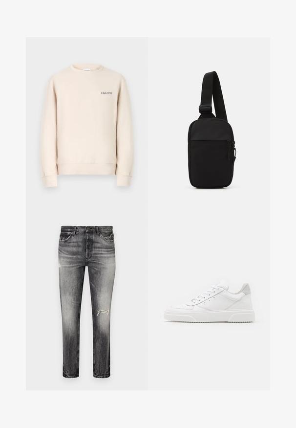 Beige Sweatshirt mit Rundhalsausschnitt, langen Ärmeln, gerippten Bündchen und der Aufschrift "Club1990" in dunkler Farbe auf der Vorderseite gestickt.; Ausgewaschene schwarze Jeans mit geradem Schnitt, die abgenutzte Stellen, vordere Taschen und einen klassischen Knopfverschluss aufweisen.; Weiße Leder-Sneaker mit glatter Oberfläche, rundem Zehenbereich, flachen Schnürsenkeln und strukturiertem Schuhsohlen. Graues Wildleder-Detail an der Ferse.; Schwarze Umhängetasche aus robustem Gewebe, mit einem verstellbaren Tragegurt, einem Reißverschluss-Hauptfach und einer Fronttasche.