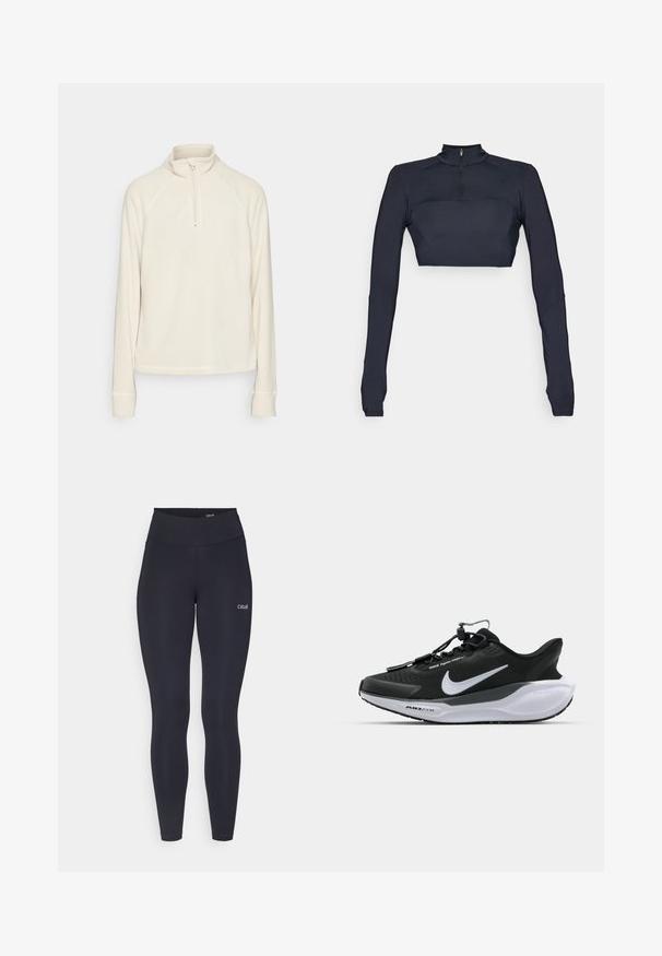 ONLY Play ONPINO - Fleecová mikina - pumice stone; Námořnický modrý krátký top s dlouhým rukávem, s vysokým límcem a čtvrtým zipem, s texturovanými ramenními panely a přiléhavým střihem.; Černé legíny s vysokým pasem, vyrobené z elastického materiálu, s malým bílým logem na stehně a hladkým povrchem.; Černé sportovní boty s texturovaným svrškem, kontrastním bílým logem a polstrovanou bílou podrážkou. Obsahují systém rychlého šněrování pro snadné obouvání.