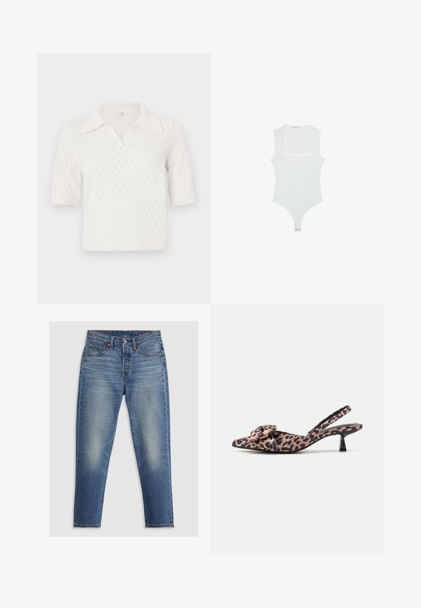 Biała, krótko rękawowa, dziana koszulka polo w diamentowy wzór z klasycznym kołnierzykiem oraz ściągaczami na rękawach i u dołu.; Biały body z kwadratowym dekoltem, bez rękawów, gładką fakturą i zapięciem na napy na dole. Prosty i minimalistyczny styl.; Jasnoniebieskie dżinsy o prostym kroju, pięć kieszeni, zapięcie na guziki i subtelne przetarcia na udach. Widoczny kontrastowy szew.; Sandały na obcasie z noskiem w kształcie szpica, wykonane z materiału w panterkę, z ozdobną kokardą, z niskim czarnym obcasem i gładką teksturą.