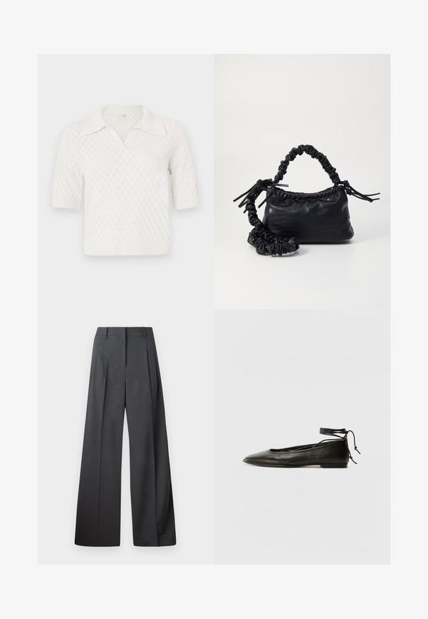 Polo a maniche corte, di colore bianco, lavorato a maglia con un motivo a rombi, dotato di colletto classico e polsini e orlo a coste.; Pantaloni a gamba larga in tessuto grigio scuro, con vita alta, pieghe singole e una texture liscia con una finitura pulita sui orli.; Ballerine in pelle nera con punta affusolata, laccio alla caviglia e suola piatta, caratterizzate da una texture liscia e un design minimalista.; Borsa a tracolla in ecopelle nera con texture a coccodrillo, apertura cinchata e tracolla arricciata. Si presenta con un design morbido e compatto.