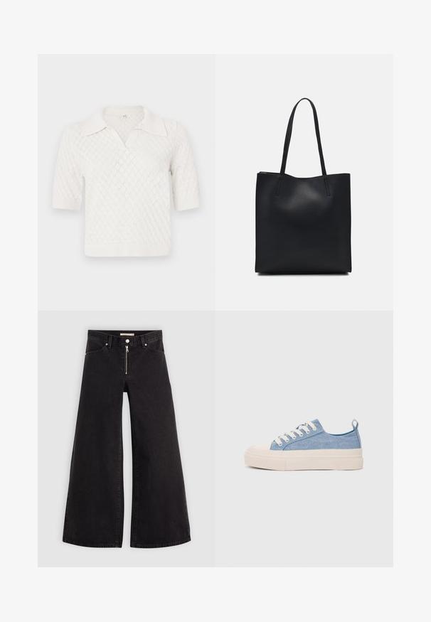Krátky rukáv, biela pletená polo košeľa s diamantovým vzorom, s klasickým golierom a rebrovanými manžetami a spodným lemom.; Dlhé nohavice vo voľnom strihu z čierneho denimu so zipsom vpredu, päť vrecúškovým dizajnom a jemnými stehovými detailmi. Hladká textúra a neformálny štýl.; Svetlomodré plátené tenisky s krémovou gumovou špičkou a podrážkou, obsahujúce biele šnúrky a pútko na päte.; Čierna kožená taška na rameno s hladkým povrchom, obdĺžnikovým tvarom a dvoma dlhými uchami. Bez viditeľného kovania alebo ozdôb.
