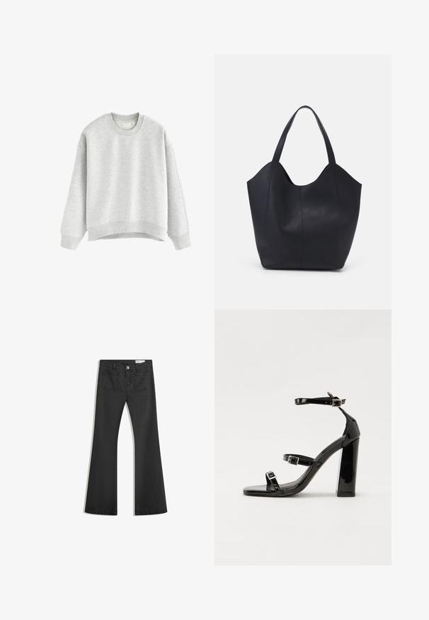 Šedá mikina s kulatým výstřihem, se spadlými rameny a žebrovanými manžetami. Jemná textura a zkrácený lem bez švů.; Černé rozšířené džíny vyrobené z jemného džínsového materiálu, se dvěma zadními kapsami a zapínáním na knoflík v pase.; Černé lakované sandály na vysokém podpatku se dvěma pásky se sponami, čtvercovou špičkou a robustním blokovým podpatkem, s hladkou, lesklou texturou.; Černá taška přes rameno vyrobená z hladké kůže, s zakřiveným, otevřeným vrchem a dvěma ramenními popruhy, s minimalistickým designem.