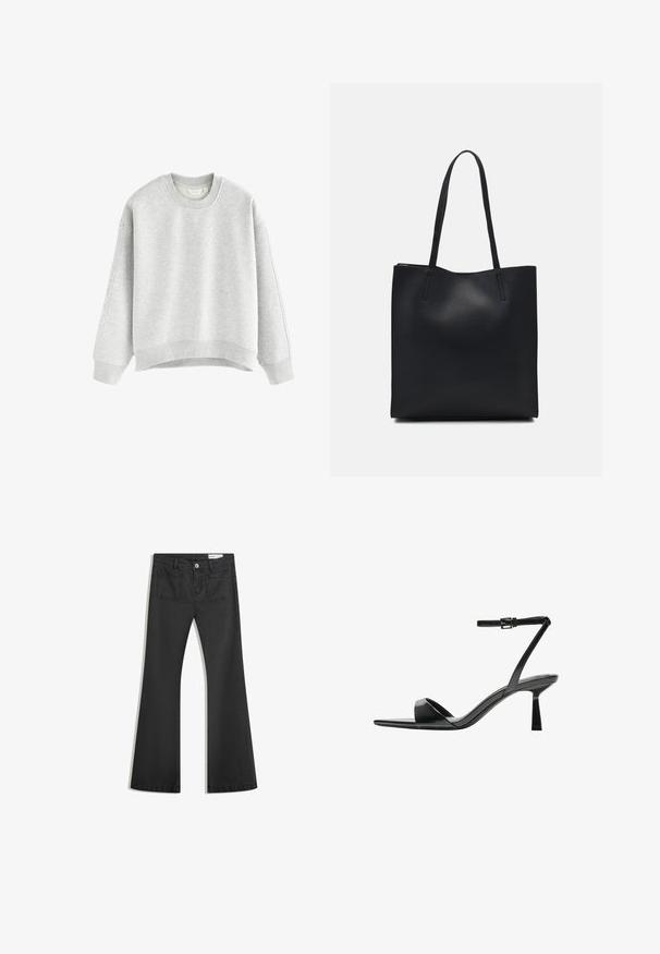Šedá mikina s kulatým výstřihem, se spadlými rameny a žebrovanými manžetami. Jemná textura a zkrácený lem bez švů.; Černé rozšířené džíny vyrobené z jemného džínsového materiálu, se dvěma zadními kapsami a zapínáním na knoflík v pase.; Bershka Sandály na vysokém podpatku - black; Černá kožená taška přes rameno s hladkým povrchem, obdélníkovým tvarem a dvěma dlouhými uchy. Žádné viditelné kování ani ozdoby.