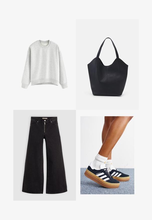 Sudadera gris con cuello redondo, hombros caídos y puños acanalados. Textura suave y dobladillo recortado con un diseño sin costuras.; Jeans de pierna ancha en denim negro con cierre frontal, diseño de cinco bolsillos y detalles de costura sutiles. Textura suave y estilo casual.; Zapatillas deportivas de gamuza negra con rayas y detalles blancos, puntera redondeada, suela de goma color caramelo, combinadas con calcetines blancos acanalados a la altura del tobillo.; Bolso tote negro fabricado en cuero liso, con un diseño minimalista que presenta un borde superior curvado y dos asas para el hombro.
