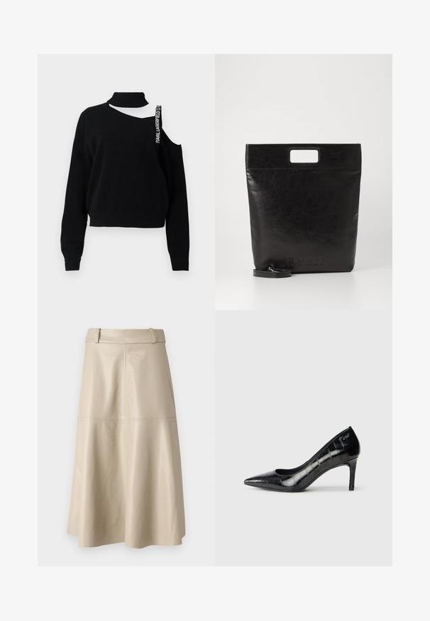 Pulover negru cu guler înalt, o umăr expus și o bandă proeminentă cu inscripția "Karl Lagerfeld". Tricotat texturat cu manșete cu dungi.; Fustă midi din piele bej, cu o textură netedă, talie lată și tiv evazat; prezentând cusături pentru un detaliu suplimentar.; Pantofi cu toc înalt, cu vârful ascuțit, de culoare neagră, cu un finisaj lucios și un model texturat subtil. Au un toc de înălțime moderată și un design cu gât deschis.; Geantă tote din piele neagră, cu un mâner pătrat, având un finisaj texturat și un logo embosat. Include o curea detasabilă.