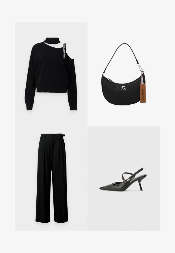 Μαύρο πουλόβερ με ψηλό λαιμό, με τον ένα ώμο ακάλυπτο και εντυπωσιακό λουράκι που γράφει "Karl Lagerfeld." Υφασμάτινο πλεκτό με ριμπ μανσέτες.; Μαύρο παντελόνι με φαρδιά πόδια και ψηλή μέση, πτυχές μπροστά και ζώνη με αγκράφα. Κατασκευασμένο από μαλακό, ελαφρύ ύφασμα.; Μαύρες δερμάτινες γόβες slingback με μυτερή μύτη, λεπτό τακούνι και διακοσμητική αγκράφα στο επάνω μέρος. Λείος υφής και κομψός σχεδιασμός.; Μαύρη δερμάτινη τσάντα χειρός με υφή βότσαλου, καμπυλωτό σχήμα, κλείσιμο με φερμουάρ στην κορυφή, ασημένια μεταλλικά μέρη και καφέ ετικέτα. Έχει χαρακτηριστικό λογότυπο.