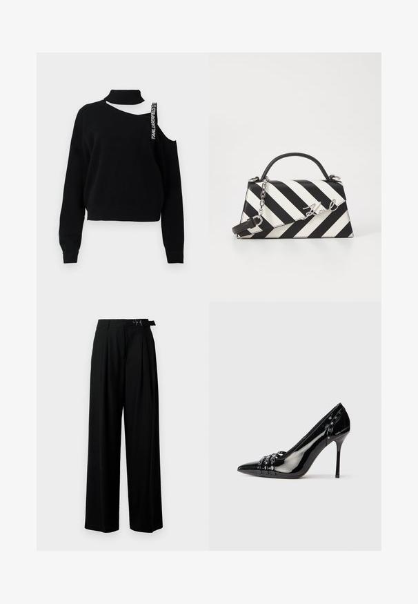 Black sweater with a high neck, one shoulder exposed, and a prominent strap reading "Karl Lagerfeld." Textured knit with ribbed cuffs.; Black wide-leg trousers with a high waist, pleats at the front, and a belt featuring a buckle. Made from smooth, lightweight fabric.; Black patent leather stiletto heel shoe with pointed toe, three decorative straps with studs, and "Karl Lagerfeld" branding on heel.; Black and white striped handbag with a structured shape, featuring a top handle, a detachable chain strap, and metallic logo accent.
