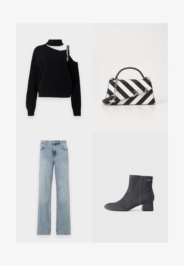 Juodas megztinis su aukštu kaklu, atidengta viena petneša ir išraiškinga juosta su užrašu "Karl Lagerfeld". Raštuotas mezgimas su veliūrinėmis rankogaliais.; Šviesiai mėlynos, plačios kojos džinsai, pagaminti iš džinsinio audinio. Turi mygtuką ir užtrauktuką, priekinės kišenės ir subtilų nudilimą. Švarūs kraštai.; Tamsiai mėlyni kulkšnies auliniai batai su smailiu kojų pirštu, blokuotu kulnu, matomu siuvimu ir subtiliu prekės ženklo logotipu šone. Lygus paviršius.; Juoda ir balta dryžuota rankinė su struktūrizuota forma, turinti viršutinę rankeną, nuimamą grandinėlės dirželį ir metalinį logotipo akcentą.