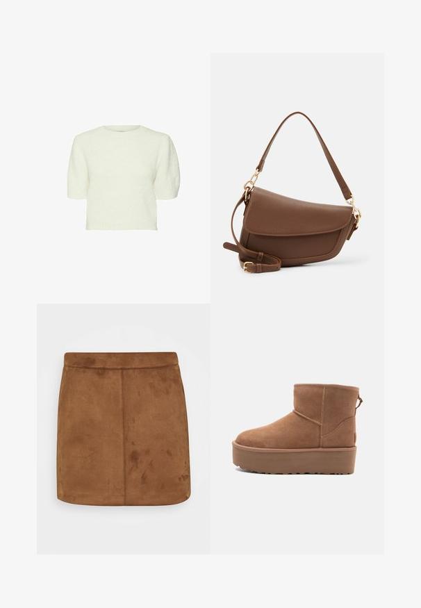 Balts īsām piedurknēm svetrs ar teksturētu, pūkainu virsmu, apaļu kakla izgriezumu un saīsinātu piegriezumu. Mīksts materiāls un vienkāršs dizains.; Brūna zamšāda mini svārki ar gludu tekstūru, taisnu griezumu un bezšuvju jostasvietu, ar minimālistisku dizainu bez rakstiem vai rotājumiem.; Bēša zamšadeguna potīte ar platformas zoli, apaļu purngalu un šuvju akcentiem; aizmugurē ir vilkšanas cilpa, kas nodrošina ērtu uzvilkšanu.; Bramu ādas plecu soma ar strukturētu apdari, izliekta forma, zelta toņa aparāti, regulējams siksna un vāka aizdare.