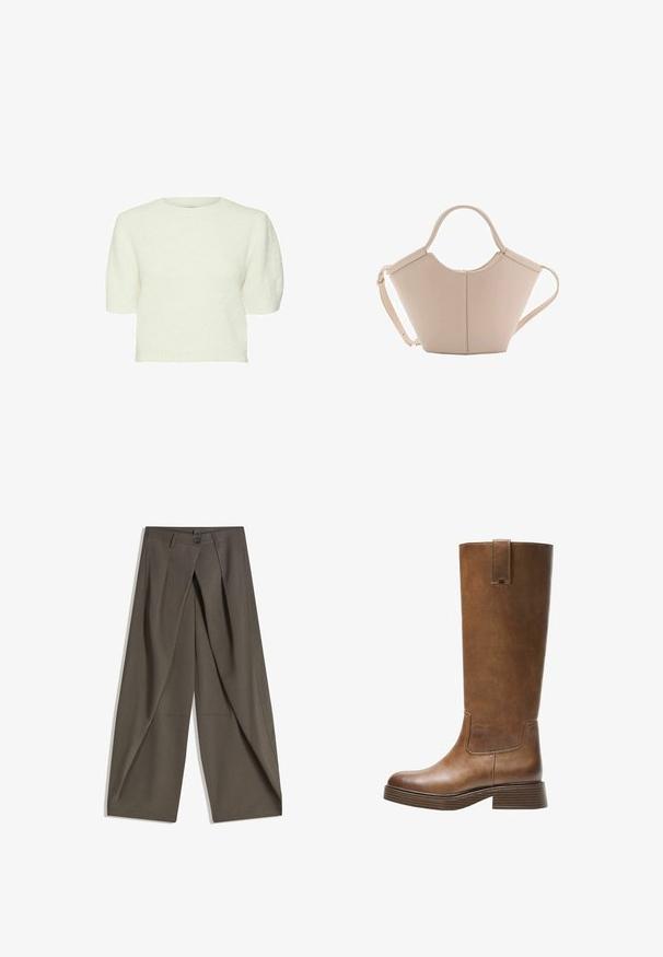 Bela kratka majica s kratkimi rokavi z teksturirano, puhasto površino, okroglo ovratnico in skrajšanim krojem. Mehek material in preprost dizajn.; Široke hlače iz teksturiranega temno sive tkanine. Imajo sprednji zarezan, gumb za zapiranje in stranske žepe za praktičnost.; Bralne usnjene škornje do kolen z zaobljenim nosom, teksturirano površino in nizkim platiščem. Imajo stranski panel in zanko za poteg na vrhu.; Bežna usnjena torbica edinstvene oblike, z dvema kratkima ročajema in dolgim nastavljivim trakom. Gladka tekstura z minimalno kovinsko opremo.