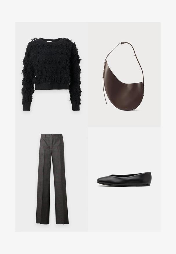 Black cropped sweater with a textured, fluffy surface. Long sleeves and a round neckline, featuring irregular patterns throughout the fabric.; Gray plaid trousers with a wide leg, featuring red accents, a smooth finish, and a tailored waistband. Mid-rise design ideal for formal wear.; Paul Smith TOPANGA - Ballet pumps - black; Brown leather handbag with a curved shape, single strap, and minimalistic design. Features a subtle logo and gold hardware accents.