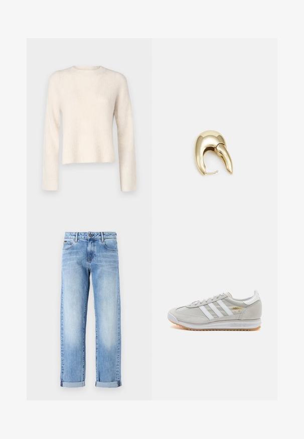JDY INGEBORG LIFE - Stickad tröja - pumice stone; Ljust blå denimjeans med uppvikta fållar, framknapp och dragkedja, samt klassisk femficksdesign på vit bakgrund.; Ljusgrå sneaker i mocka och mesh, med tre vita ränder, rund tå och en sula av gummi. Guldlogotyp som accent vid snörningen.; Örhänge i guldtonad metall med en elegant, böjd design. Har en distinkt spetsig form, polerad yta och gångjärnslås.