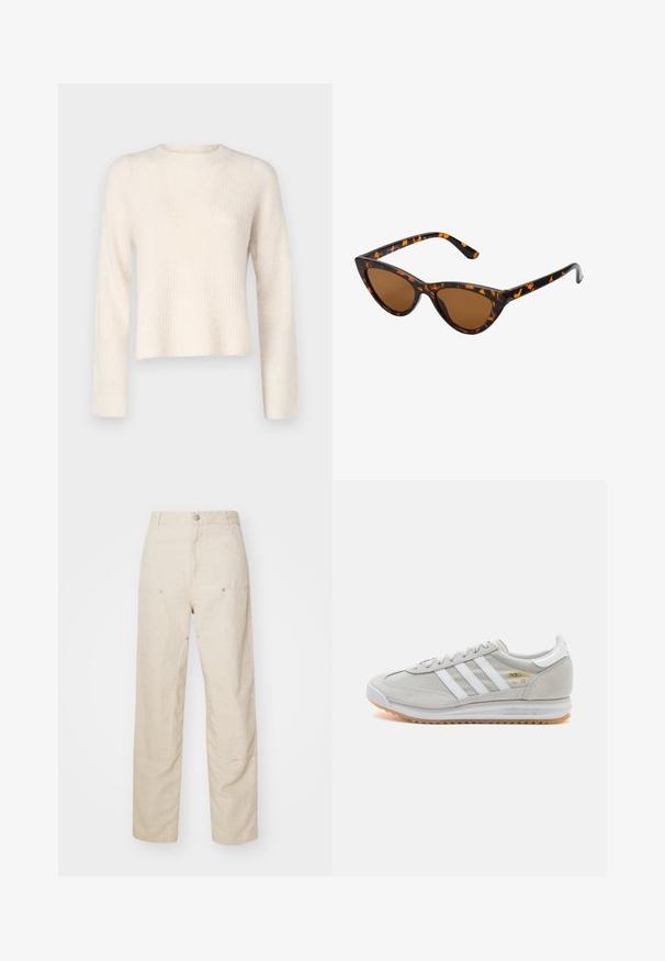 JDY INGEBORG LIFE - Džemperis - pumice stone; Bēša lina bikses ar brīvu piegriezi, ar sānu kabatām un dekoratīvām šuvēm, bezšuvju jostasvietu un taisnām kājām.; Gaišpelēka kedas, izgatavotas no zamša un sieta, ar trim baltām svītrām, apaļu purngalu un gumijas zoli. Zelta logo akcenta detaļa blakus auklām.; Kaķa acs saulesbrilles ar melnu un oranžu bruņurupuču rakstu rāmi, brūnām lēcām un elegantiem, norādītiem galiem. Rāmī ir minimālists logos uz tempļa.