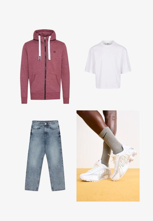 Hoodie zippé bordeaux avec poches kangourou, cordons blancs et zip noir. Présente un petit logo sur la poitrine et des bords-côtes aux poignets.; T-shirt blanc à manches courtes avec un col rond et une coupe décontractée, fabriqué à partir d'un tissu en coton mélangé doux. Aucun motif ni embellissement.; Jean en denim bleu clair avec une coupe droite, couture visible, design à cinq poches et fermeture à bouton à la taille.; Baskets Nike blanches avec des accents argentés, présentant des panneaux texturés et des perforations. Assorties à des chaussettes grises à côtes, sur un fond jaune.