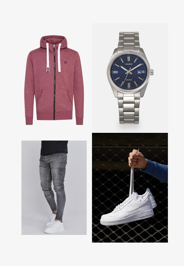 Hanorac marsala cu fermoar, dotat cu buzunare tip kengur, șnururi albe și fermoar negru. Prezintă un logo mic pe piept și manșete ribbed.; Blugi skinny din denim gri estompat, cu detalii uzate la genunchi, asortați cu adidași albi. Textură netedă, design slim fit.; Adidași albaștri din piele cu perforații, vârf rotund, talpă plată și șireturi groase, cu un logo swoosh vizibil și cu inscripția "AIR" pe toc.; Ceas de mână din oțel inoxidabil argintiu cu un cadran albastru marin, marcaje orare metalice și o fereastră pentru dată la ora 3. Rezistent la apă până la 50 de metri.