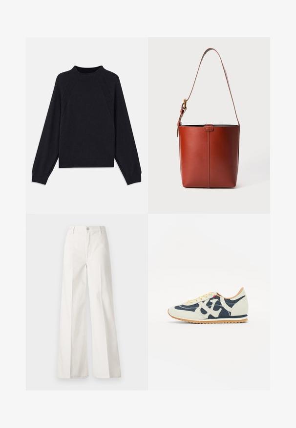 Dark navy sweater with a round neckline, long raglan sleeves, ribbed cuffs, and a straight hem. Made from a soft, textured knit material.; White wide-leg trousers made from cotton with a smooth texture. Features a front button, zipper fly, and four-pocket design.; Sneaker featuring a mix of cream, navy, and suede materials, lace-up design, diagonal stitching, and a rubber sole with traction.; Brown leather bucket bag with adjustable shoulder strap and gold-tone buckle, simple vertical seam detail on front.
