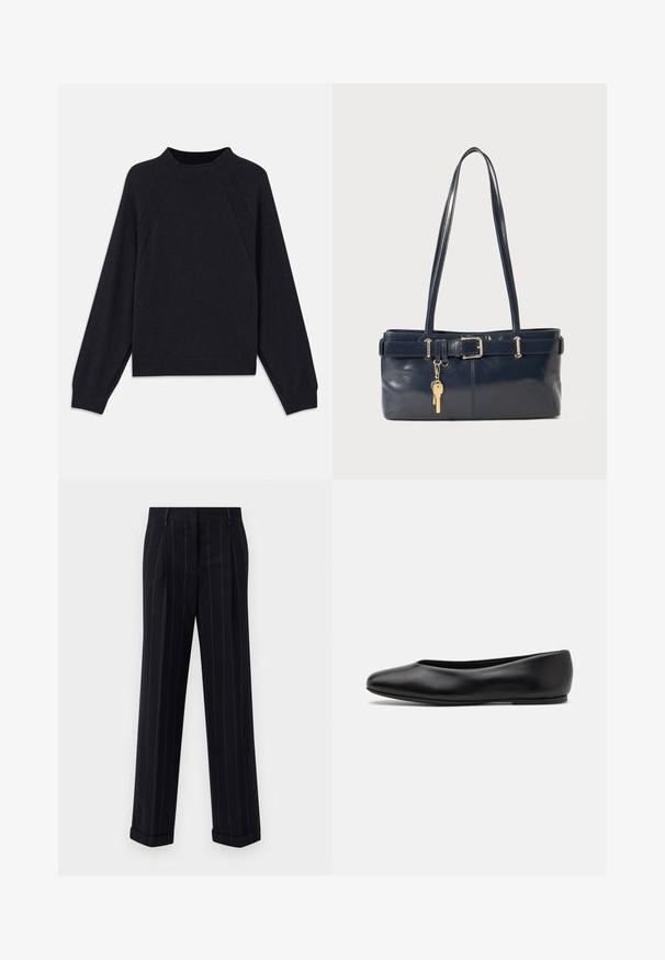 Dark navy sweater with a round neckline, long raglan sleeves, ribbed cuffs, and a straight hem. Made from a soft, textured knit material.; Black pinstriped trousers with a tailored fit, featuring a cuffed hem and front pleats. Made of smooth fabric with a structured design.; Paul Smith TOPANGA - Ballet pumps - black; Navy leather handbag with two long handles, a buckle detail, and a keychain attached. Features a smooth texture and a rectangular shape.
