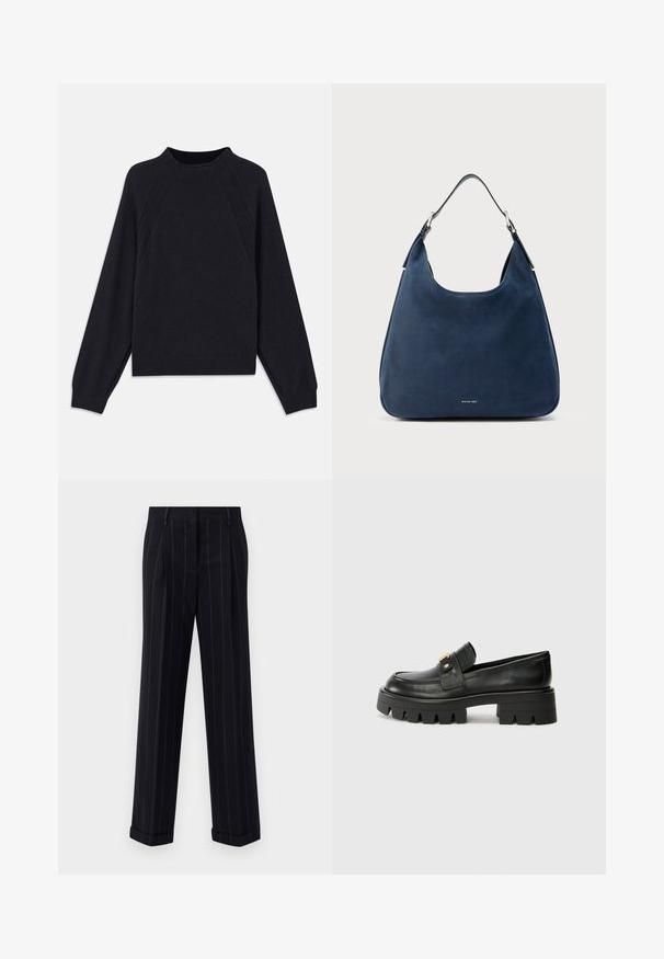 Tume meresinine sviiter ümmarguse kaelusega, pikkade raglanist varrukatega, soonikkoes mansettidega ja sirge äärega. Valmistatud pehmest, tekstuuriga kudumist.; Mustra mustriga tumeda värvusega püksid, millel on kohandatud lõige, varras ja ees olevad voldid. Valmistatud siledast kangast, millel on struktureeritud disain.; Mustast nahkfrontaalid, millel on paks tald, esiosas kullatooni aksent ja sile viimistlus. Talse paksu mustriga disain.; Tumesinine nahast õlakott, millel on sile pind, kumer kuju ja üks reguleeritav rihm. Alumises osas on väike logo.