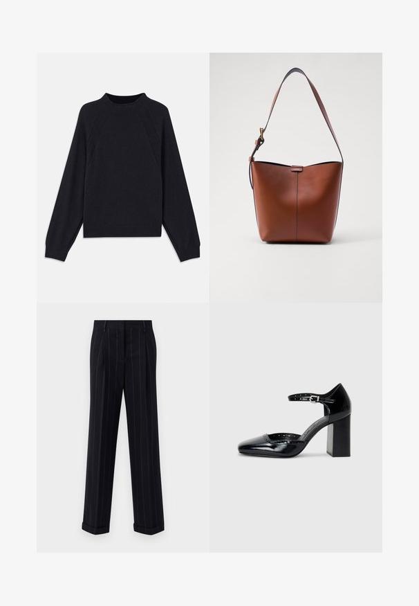 Tumši zilas krāsas džemperis ar apaļu kakla izgriezumu, garām raglanu piedurknēm, ribotām aprocēm un taisnu apakšu. Izgatavots no mīksta, teksturēta adījuma materiāla.; Melnas pinstrīpu bikses ar pielāgotu piegriezumu, ar apgāztu apakšmalu un priekšējām kroku detaļām. Izgatavotas no gludas auduma ar struktūrētu dizainu.; Melna lakota ādas augstpapēžu kurpes ar kvadrātu purngalu, potītes siksniņu un masīlu papēdi. Iekļauj perforētu apdari gar malu.; Brūna ādas plecu soma ar izliekta formu, gludu tekstūru un vienu plānu siksnu. Iekļauj subtilu šuvumu un mazu logotipa detaļu.