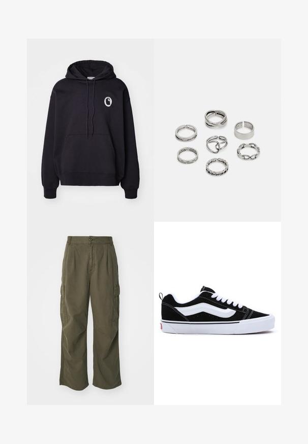Čierna mikina s kapucňou vyrobená z mäkkej tkaniny, s predným klokanním vreckom, kapucňou so šnúrkou a okrúhlym logom na ľavej hrudi.; Olive zelené cargo nohavice, vyrobené z bavlny, so širokým strihom, záhybmi a bočnými vreckami pre väčšiu praktickosť.; Čierne semišové tenisky s bielymi akcentmi, s nízkym dizajnom, šnurovaním a hrubou bielou gumovou podrážkou. Logo značky na päte.; Sada siedmich strieborných prsteňov s rôznymi dizajnmi, vrátane skrútených, prepojených a gravírovaných vzorov. Rôzne tvary a šírky.