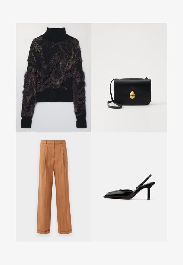 Melnā augstās apkakles džemperis ar teksturētu rakstu tumši purpursarkanā un zelta krāsā, ar frizētiem akcentiem un ribotiem piedurknēm un apakšmali.; Brūni svītraini bikses ar pielāgotu dizainu, ar krokām, taisnu griezumu un aprocēm. Izgatavotas no gludas auduma.; Melnas ādas slingback kurpes ar norādītu purngalu, minimālisma dizainu, plānu potītes jostu un elegantām stiletto papēžiem. Gluda tekstūra.; Melnas ādas rokassomu ar strukturētu taisnstūra formu. Iespējas zelta ovāla slēdzis un plāns plecu siksna. Gluda tekstūra.