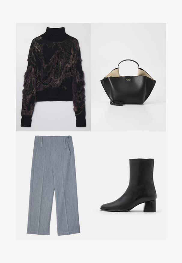 Juodas golfas su tekstūriniu raštu tamsiai purpurinės ir auksinės spalvų, su šoniniais fringiniais akcentais ir įrengtais rankogaliais bei apatine dalimi.; Šviesiai pilkos, plačios kojų kelnės, pagamintos iš tekstūruoto audinio, su dviem priekinėmis klostėmis ir dviem šoninėmis kišenėmis. Tvarkingas, tikslais pritaikytas dizainas.; Juodas odinis kulkšninis botas su smailiu pirštu ir masyviu kvadratiniu kulnu. Lygus paviršius be siūlių ir minimalizmu išsiskiriantis dizainas.; Ree Projects ANN TOTE MINI - Rankinė - black