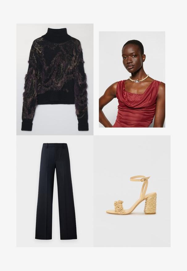 Schwarzer Rollkragenpullover mit einem strukturierten Muster in Dunkelpurpur und Gold, ausgestattet mit Fransenakzenten sowie gerippten Bündchen und Saum.; Schwarze weit geschnittene Hose. Maßgeschneiderte Passform mit glatter Textur. Verfügt über eine Reihe von metallischen Nieten entlang der Seitennaht für Details.; Beige High-Heel-Sandale mit geflochtener Textur, dekorativer Blume und Knöchelriemen. Der quadratische Absatz sorgt für Stabilität.; Kapuzenschnitt Kleid in tiefroter Farbe mit glatter Textur. Ausgestattet mit einer Perlenkette, die in der Mitte mit einem dekorativen silbernen Akzent versehen ist.