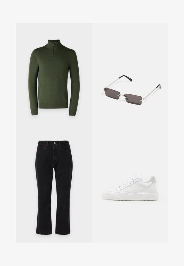 Zielony, długi rękaw sweter z wysokim kołnierzem i krótkim zamkiem. Wykonany z miękkiego materiału, ma ściągacze przy mankietach i u dołu.; Czarne dżinsy o prostym kroju, pięć kieszeni, metalowe elementy wykończenia w miedzianym kolorze. Gładka tekstura i średni stan.; Białe skórzane trampki o gładkim wykończeniu, zaokrąglonym nosku, płaskich sznurówkach i teksturowanej podeszwie. Szary zamszowy akcent na pięcie.; Okulary przeciwsłoneczne z prostokątnymi, ciemnoszarymi soczewkami, srebrnymi metalowymi ramkami i czarnymi plastikowymi zakończeniami na zausznikach. Lekka konstrukcja z poduszkami nosowymi.