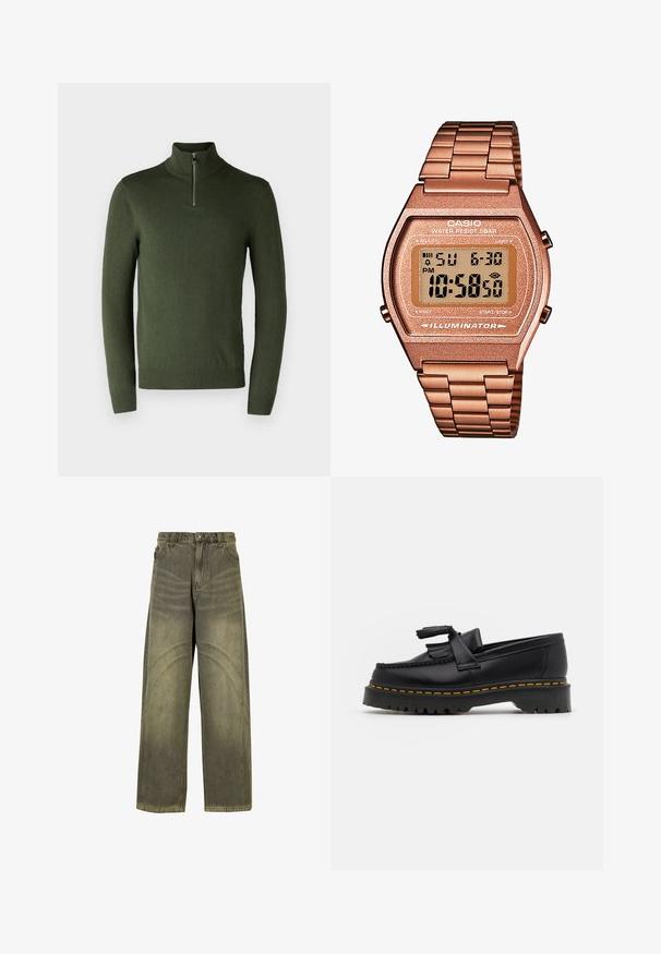 Zöld, hosszú ujjú pulóver, magas nyakkal és rövid cipzárral. Puha anyagból készült, bordás mandzsettákkal és szegéllyel.; Olíva zöld farmerből készült bővülő szárú farmernadrág, ívelt varrásokkal, klasszikus gombos záródással és elhalványult hatással.; Fekete bőr mokaszin, rojtos díszítéssel, masszív fekete talppal és sárga varrással az élén. Texturált felület.; Digitális Casio óra rózsaarany fém szíjjal, téglalap alakú házzal, megvilágított kijelzővel és vízállósággal, mutatja az időt és a dátumot.
