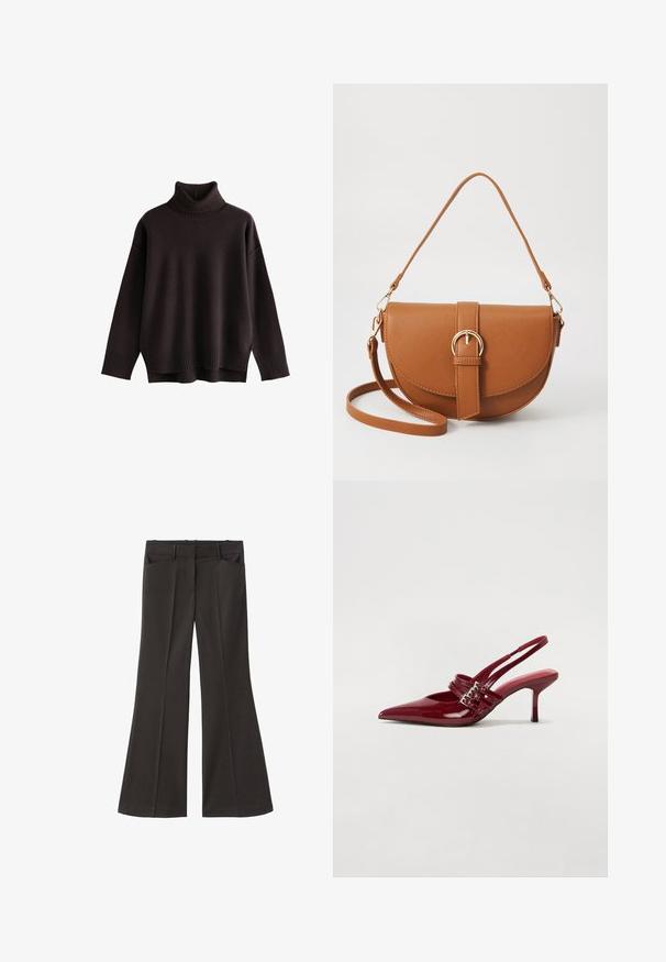 Temno rjav, prevelik pulover s turtleneck ovratnikom. Pletena obroba na vratu in robu s mehakim otipom. Zhaožene rame in sproščen kroj. Brez vzorcev ali dodatkov.; Črne razširjene hlače z visokim pasom; vključujejo dva sprednja žepa in gladko teksturo tkanine. Primerne za različne priložnosti.; Rde lakirane sandalete na peto s ostrim nosom, dvema sponkami in tanko, srednje visokim peto središče. Gladka tekstura.; Rjava usnjena torbica prek telesa s ukrivljeno obliko, zlate opreme in sponko. Ima odstranljiv naramni trak.