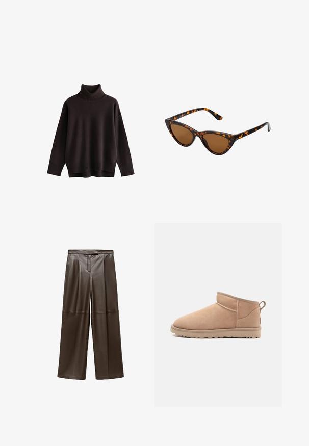 Maglione a collo alto oversize marrone scuro. Collo e orlo a coste con una texture morbida. Spalle scese e vestibilità rilassata. Senza motivi o dettagli.; Pantaloni a gamba larga in pelle marrone con una texture liscia, caratterizzati da pieghe davanti e un design della vita classico.; Stivale alla caviglia in suede beige con punta rotonda, texture morbida, design semplice e suola in gomma a profilo basso. Presenta un'etichetta di trazione sul retro.; Occhiali da sole cat-eye con una montatura tartarugata nera e arancione, lenti marroni e punte affusolate e eleganti. Presentano un logo minimale sulla asta.; Borsa a tracolla in suede marrone con finitura texture, accentuata da una catena dorata e una tracolla in pelle regolabile. Caratterizzata da una chiusura con zip.