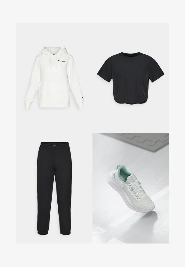 Champion ICONS HOODIE CONTRAST LOGO SMALL - Jersey con capucha - white/multi-coloured; Camiseta corta negra hecha de material suave, con cuello redondo, mangas cortas y un ajuste relajado. Detalles de costura sutil.; Champion C-TECH CUFFED PANTS INTERLOCK - Pantalones deportivos - black; Zapatilla atlética gris claro con parte superior de punto texturizado, detalles en verde menta, cordones blancos, suela de goma y tira en el talón.