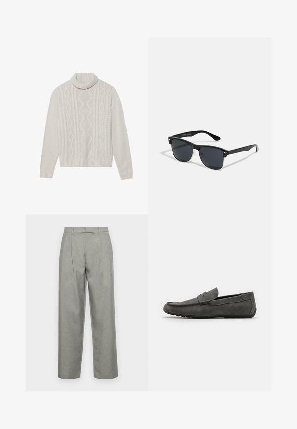 Suéter em cor creme com tricot de cabo, apresentando um colarinho alto com nervuras, um padrão texturizado e punhos e bainha canelados. Material macio de mistura de lã.; Calças cinzas ajustadas, feitas de tecido texturizado, com design de perna reta, pregas frontais e uma cintura standard com passantes para cinto.; Mocassim em camurça cinza com ponta arredondada, detalhes costurados e sola de borracha plana. O sapato apresenta uma textura lisa e uma faixa destacada na parte frontal.; Óculos de sol pretos com forma retangular, lentes escuras, detalhes em prata nas hastes e um acabamento mate na armação.
