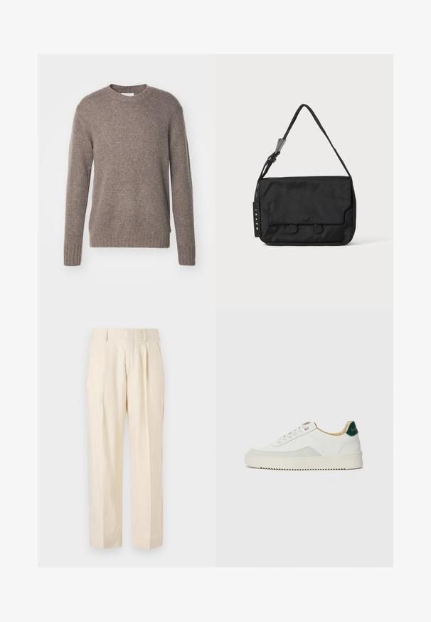 Rjava pletena jopica s krožnim izrezom, dolgimi rokavi ter rebrastimi manšetami in robom, ki se ponaša z mehkobo in teksturirano površino.; NN.07 KAY - Hlače - off white; Bela trenerka z zaključki iz semiša, okroglo konico, ravne vezalke in kremna gumijasta podplata. Ima zeleno blagovno znamko na peti.; Črna najlon torba za ramo s plosko obliko, ki ima pokrov, dva krožna gumba in pleten trak. Oznaka blagovne znamke je vidna.