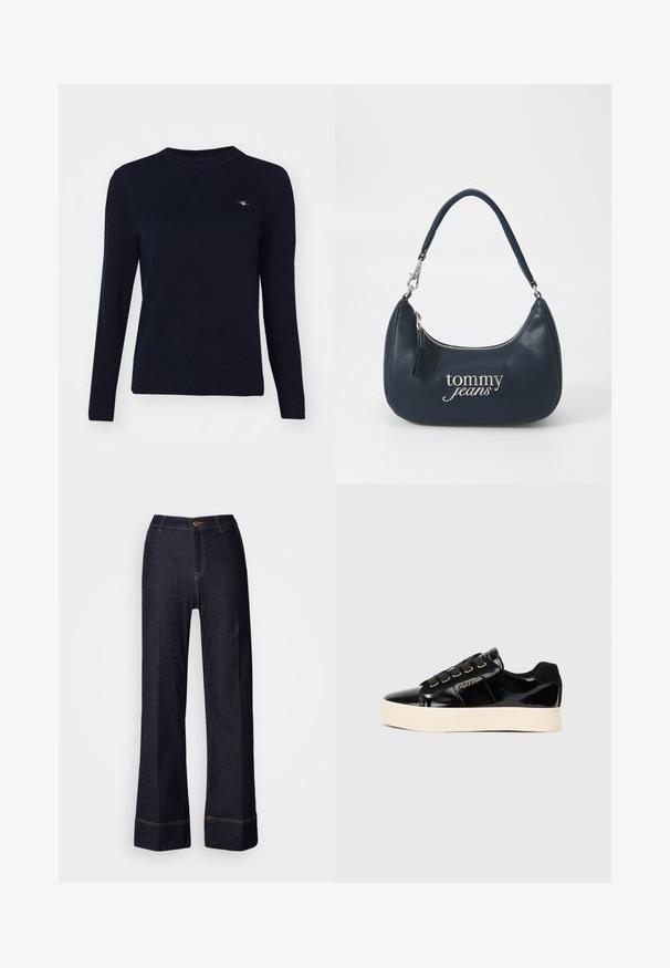 Tengerészkék kötött pulóver kerek nyakkal, hosszú ujjal és bordás alsószegéllyel. A mellrészen kis hímzett logóval rendelkezik.; Sötét farmer széles lábú nadrág magas derékkal, elülső gombzárral és narancs varrású díszítéssel. Simává tengej átfogás.; Fekete patkó bőr sportcipők lapos krém színű talppal. Fekete fűzőkkel, arany szemekkel és logó részlet az oldalon. Lekerekített orrformával.; Tengerészkék bőr kézitáska kerek formával, ezüst cipzárral és "tommy jeans" logóval, amely dőlt betűtípussal van a táska elején. Rövid fogantyúval.