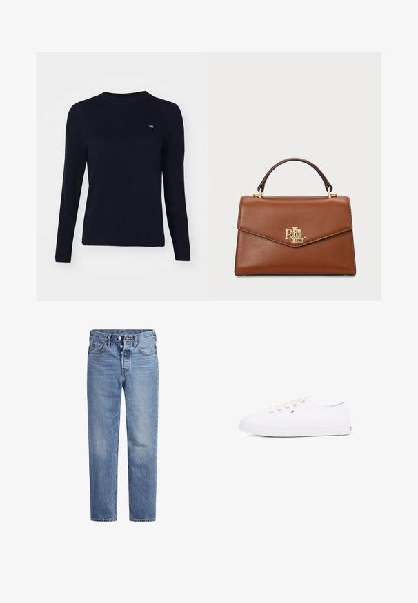 Tumedat sinine kudum, millel on ümar kaelus, pikad varrukad ja soonikserv. Rinnaosas on väike tikandlogoga detail.; Heled sinised teksad sirge lõikega, viie tasku disainiga ja nööpidega kinni. Omavad kerget pleekimist ja oranže õmblusi.; Valge kangast tennisemüts kuldsete silmadega, lame pael ja tekstureeritud kummist talla, minimaalse brändimisega küljel. Madala profiiliga disain.; Pruun nahast käekott, millel on struktureeritud disain, ülemine käepide, kullavärvi detailid ja logo aksent ees. Sile tekstuur.