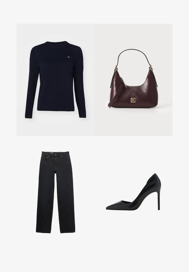 Marineblauer Strickpullover mit rundem Ausschnitt, langen Ärmeln und geripptem Saum. Mit einem kleinen gestickten Logo auf der Brust.; Schwarze weit geschnittene Jeans aus Denim, mit fünf Taschen, einem Knopfverschluss, dezenten Nähten und einem geraden Schnitt von der Taille bis zum Saum.; Mango High Heel Pumps - black; Burgunderfarbene Lederhandtasche mit geschwungener Form, goldenen Akzenten an den Beschlägen und einem Reißverschlussverschluss. Verfügt über einen abnehmbaren Schultergurt.