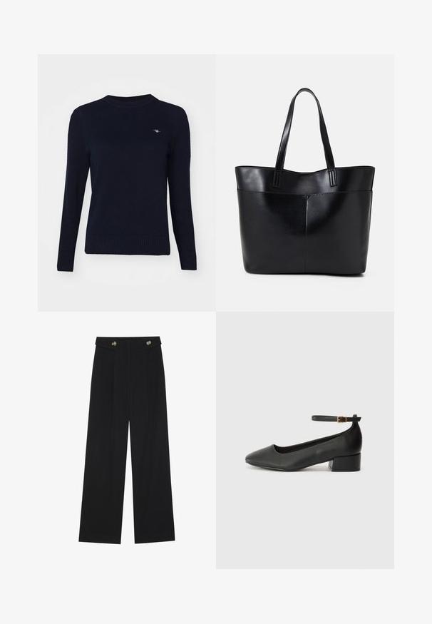 Navy blue knit sweater with a round neckline, long sleeves, and ribbed hem. Features a small embroidered logo on the chest.; Black wide-leg trousers with high waist, button details on waistband, and front pleats.; Black leather pump with a pointed toe and a low block heel. Features an ankle strap with a gold-tone buckle. Smooth texture.; Black leather tote bag with two long handles, a smooth texture, and a structured shape. Features a front pocket for additional storage.