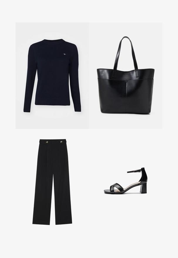 Mørkeblå strikkegenser med rund hals, lange ermer og ribbestrikket kant. Har en liten brodert logo på brystet.; Svart vide bukser med høy midje, knappdetaljer på midjebåndet og frontplisser.; Sorte åpen tå hælsandal med kryssede stropper, justerbar ankelstropp og kraftig hæl, med en jevn lærtekstur.; Svart lær toteveske med to lange håndtak, en glatt tekstur og en strukturert form. Har en frontlomme for ekstra oppbevaring.