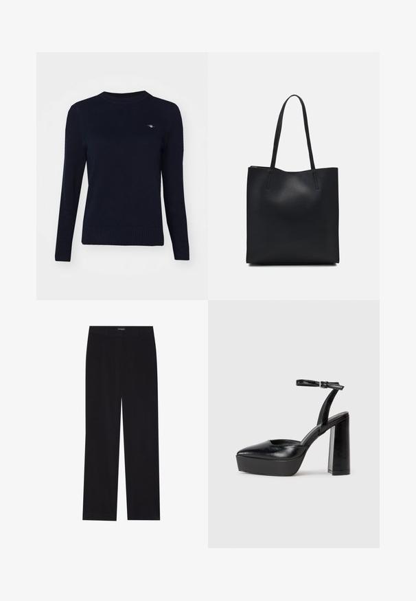 Pulover tricotat de culoare bleumarin, cu guler rotund, mâneci lungi și tiv cu margine ondulată. Are un mic logo brodat pe piept.; Pantaloni din cord din culoare neagră, cu croială dreaptă, având un brâu plat și fără buzunare vizibile, textură netedă și detalii cu fante verticale.; Pantofi cu toc platformă negri, cu vârful ascuțit și curea reglabilă la gleznă. Confecționați din piele netedă, având un toc gros.; Geantă tote neagră din piele, cu textură netedă, formă rectangulară și două mânere lungi. Fără hardware vizibil sau ornamente.
