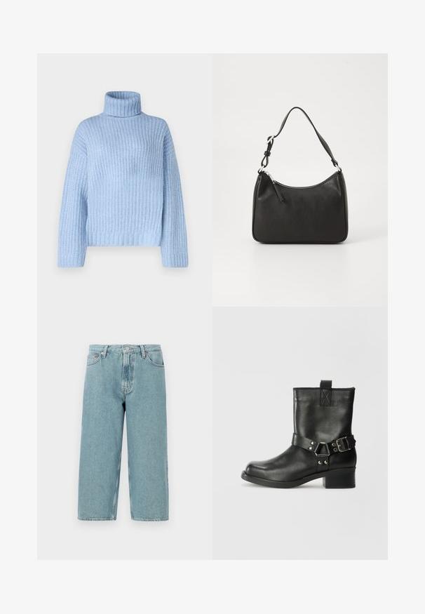 Jasnoniebieski sweter z golfem o prążkowanej fakturze, z długimi rękawami i luźnym krojem, z szerokim, usztywnionym kołnierzem przy szyi.; Jasnoniebieskie szorty dżinsowe z wysokim stanem, prostym krojem i surowym wykończeniem. Posiadają klasyczne zapięcie na guzik i zamek błyskawiczny oraz cztery kieszenie.; Samsøe Samsøe SABRENTA czarny; Czarna skórzana torebka o zaokrąglonym kształcie, z pojedynczym uchwytem, zamknięciem na zamek błyskawiczny oraz subtelnym logo z przodu. Gładka faktura, minimalistyczny design.