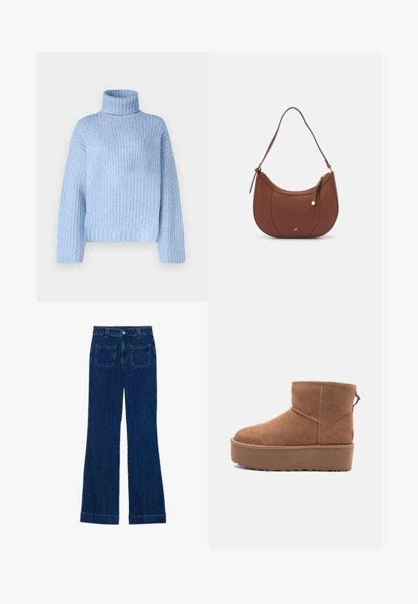 Lyseblå turtleneck sweater i ribbet tekstur, med lange ærmer og en afslappet pasform, samt en bred, struktureret krave ved halsen.; Mørkeblå flared jeans i denim med en glat tekstur, fem-lomme design og en knaplukning i taljen.; Tan ruskinds ankelstøvle med platformssål, rund tå og syninger; har en løkke bagpå for nem påtagning.; Brun faux læder skuldertaske med buet form, minimal syning og en guldtonet hardwaredetalje. Har en top lynlåslukning og justerbar rem.