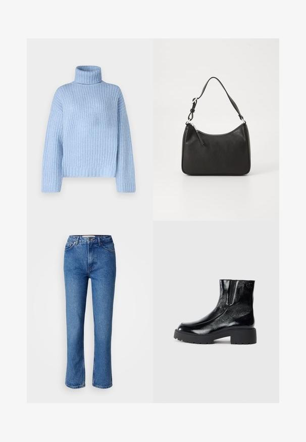Light blue turtleneck sweater in a ribbed texture, featuring long sleeves and a relaxed fit, with a wide, structured collar at the neck.; Blue denim jeans with a straight-leg cut, featuring a classic five-pocket design, orange stitching, and a button fly closure.; Black ankle boots with a glossy patent leather finish, chunky black rubber sole, and raised heel; includes subtle logo detail on the side.; Black leather handbag with a curved shape, a single strap, zip closure, and subtle branding on the front. Smooth texture, minimalist design.