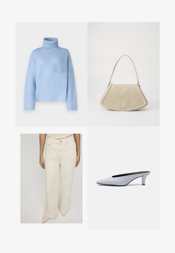 Light blue turtleneck sweater in a ribbed texture, featuring long sleeves and a relaxed fit, with a wide, structured collar at the neck.; Cream-colored wide-leg jeans made of denim, featuring a high waist, front pockets, and a single-button closure for a relaxed fit.; Light blue patent leather mule with a pointed toe, low transparent heel, and a sleek design featuring a cut-out at the vamp.; Beige suede handbag with a rounded triangular shape, a single strap, and a gold-tone hardware accent on the front.