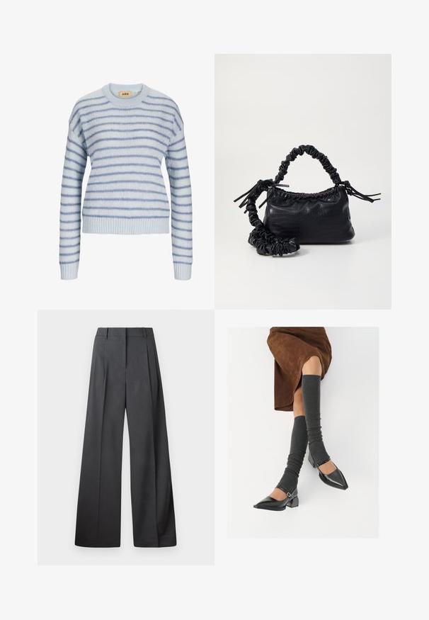 Sweater de malha azul claro com riscas horizontais em azul mais escuro. Apresenta um decote redondo e punhos e bainha canelados. Textura suave.; Calças de perna larga em tecido cinza escuro, apresentando uma cintura alta, pregas simples e uma textura suave com um acabamento limpo nas bainhas.; Sapatos pretos de pele lacada com biqueira pontuda, salto bloco e tiras no tornozelo, combinados com caneleiras cinzas em malha e uma saia de camurça castanha.; Bolsa de mão em couro sintético preto com textura de crocodilo, topo franzido e alça enrugada. Apresenta um design suave e compacto.