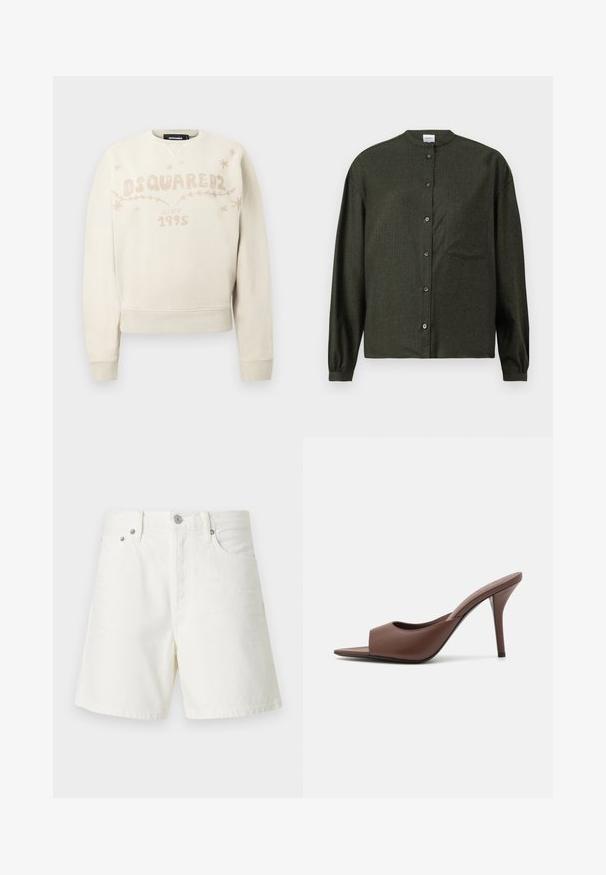 Off-whites garās piedurknes sudrabu ar DSQUARED2 logo, tekstu "kopš 1995. gada" un maziem zvaigžņu un vīnogulāju rakstiem uz krūtīm.; Tumši zaļš krekls ar stāvā apkaklītē, garām piedurknēm, krūšu kabatu un gludu, teksturētu audumu.; Balti denima šorti ar taisnu piegriezumu, piecu kabatu dizainu, priekšējo pogu aizdari, sudraba detaļām un izšūtiem apdarēm.; Brūni ādas atvērtas pirksta augstpapēžu čības ar elegantu dizainu, kas iezīmējas ar plašu priekšējo siksniņu un slaidu stiletto papēdi.