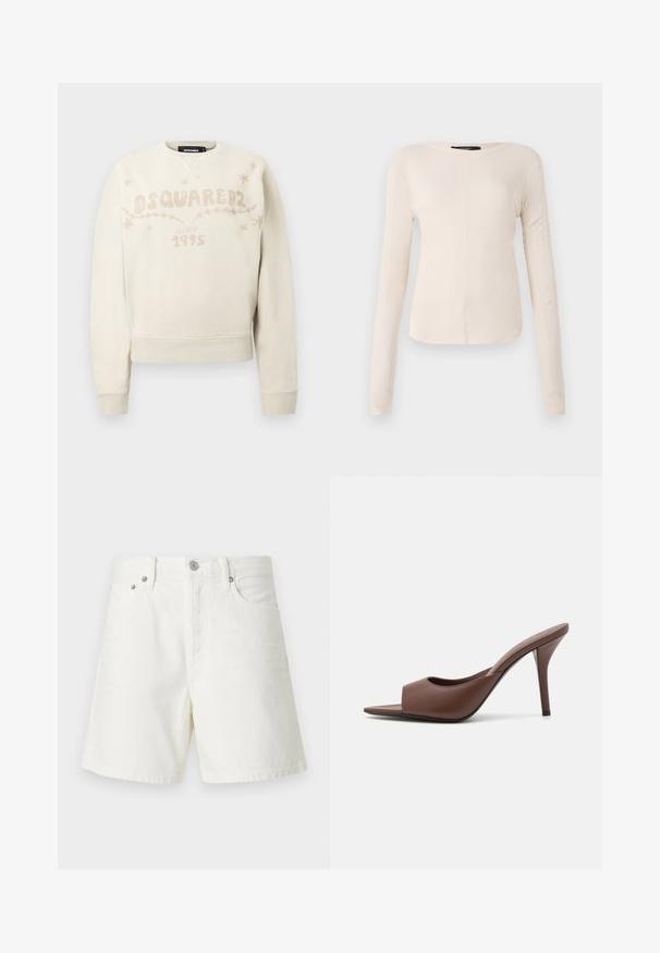 Felpa a maniche lunghe di colore avorio con logo DSQUARED2, testo "dal 1995" e piccoli disegni di stelle e viti sul petto.; Maglietta a maniche lunghe di colore beige chiaro con scollatura rotonda. Realizzata in tessuto morbido, presenta una cucitura centrale e un orlo leggermente curvato. Senza hardware visibile.; Shorts di denim bianco con taglio dritto, design a cinque tasche, chiusura frontale con bottone, accessori in argento e dettagli cuciti.; Mule aperti con tacco alto in pelle marrone, dal design elegante, caratterizzati da una larga fascia anteriore e un sottile tacco a stiletto.